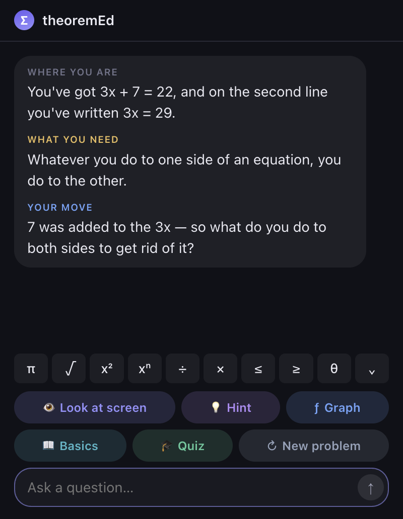 theoremEd showing where you are, what you need, and your move