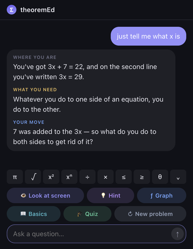A student asking theoremEd to just tell them the answer