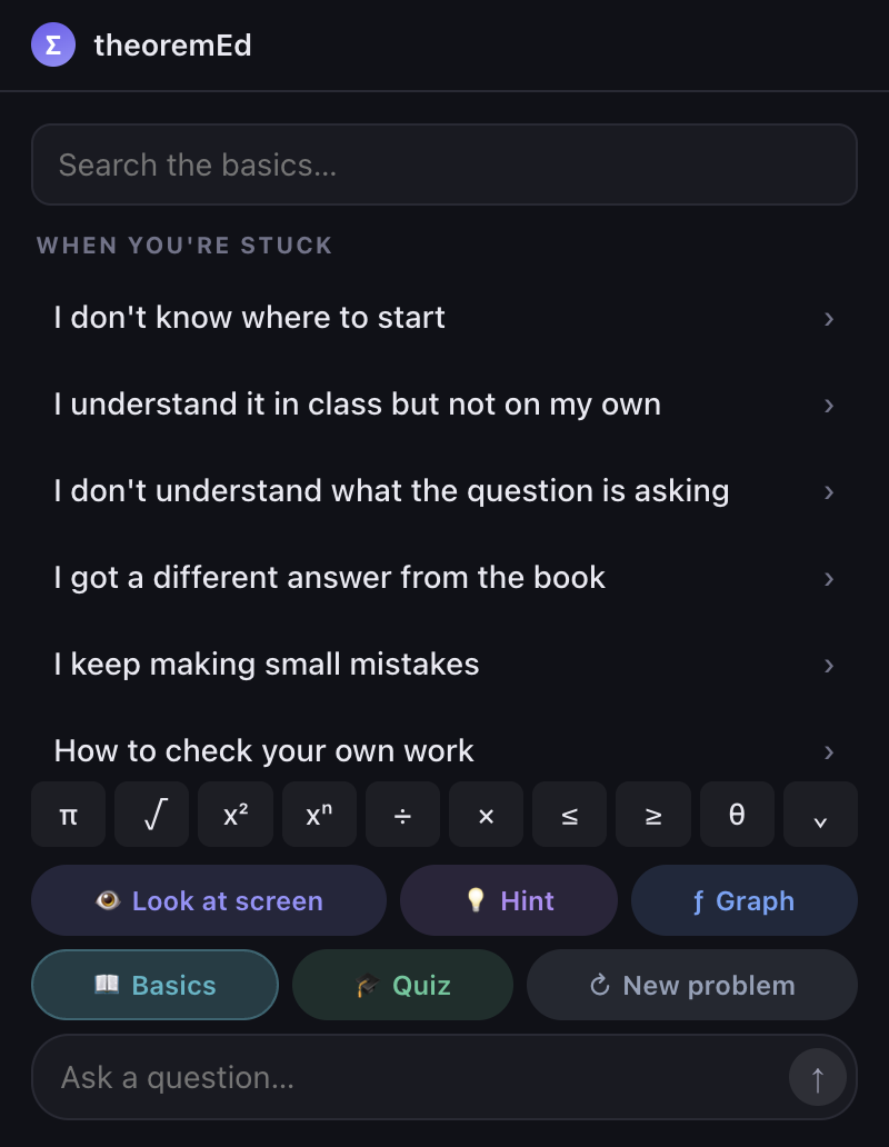 theoremEd's built-in reference, listing topics by section